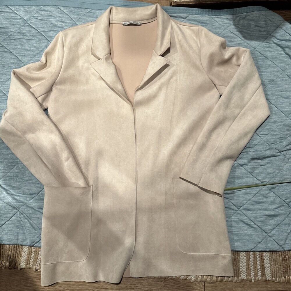ZARA CÁRDIGAN WOMENS BASIC SMALL SUEDE LEATHER BAIGE COLOR FRONT POCKETS GOOD CO